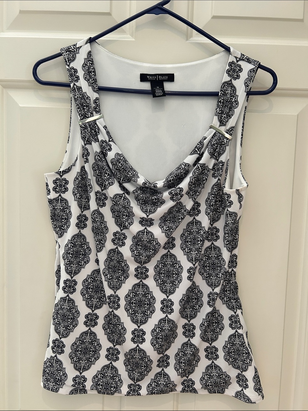 White House Black Market Black & White Printed Cowl Neck Tank M